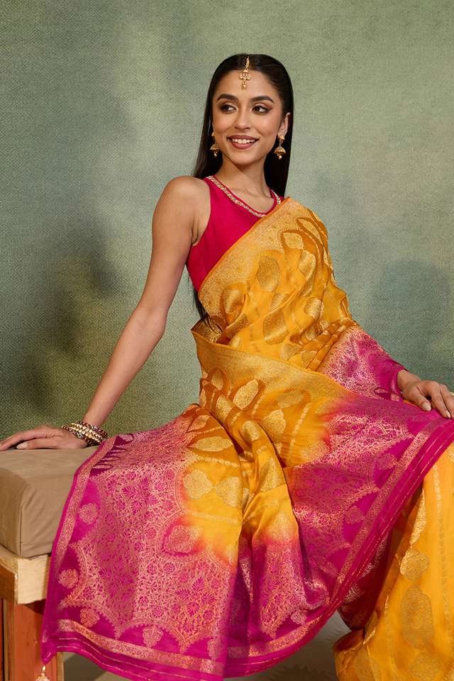 Yellow Woven Design Viscose Satin Saree image number
