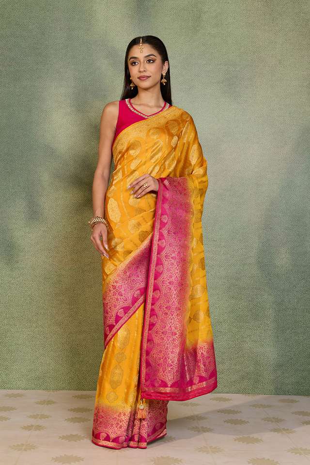 Yellow Woven Design Viscose Satin Saree thumbnail image number null