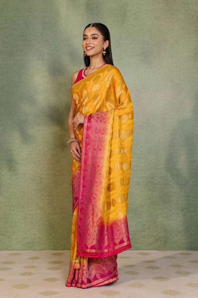 Yellow Woven Design Viscose Satin Saree thumbnail image number null