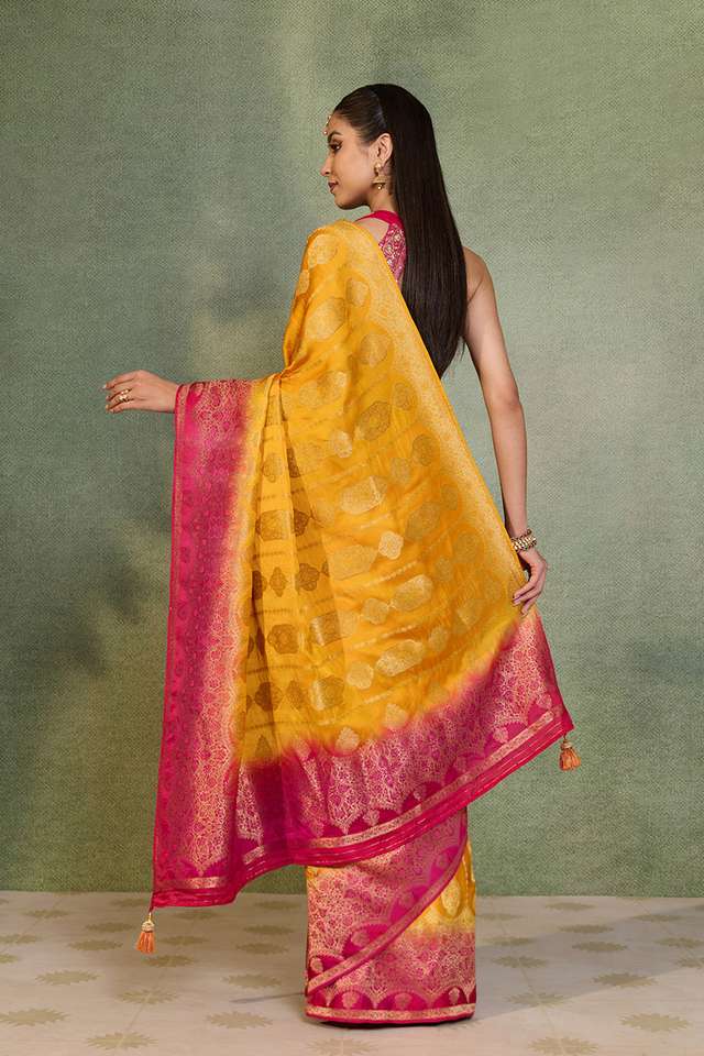 Yellow Woven Design Viscose Satin Saree thumbnail image number null