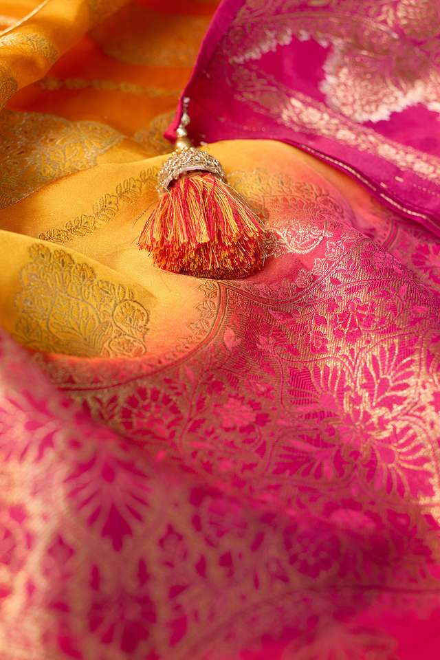 Yellow Woven Design Viscose Satin Saree thumbnail image number null