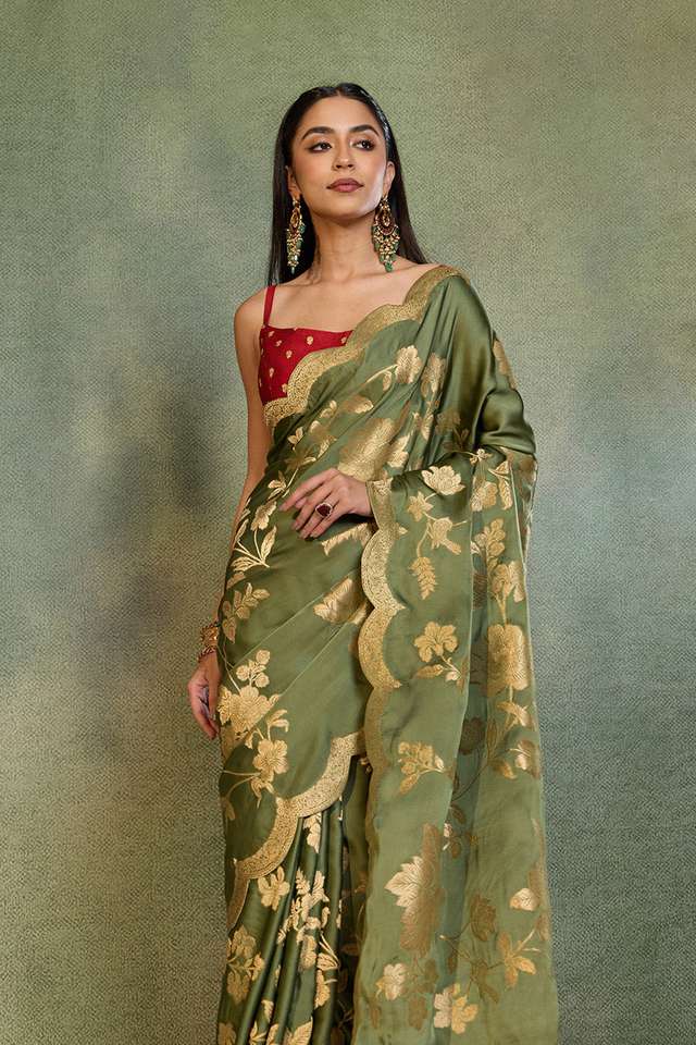 Green Woven Viscose Satin Saree image number