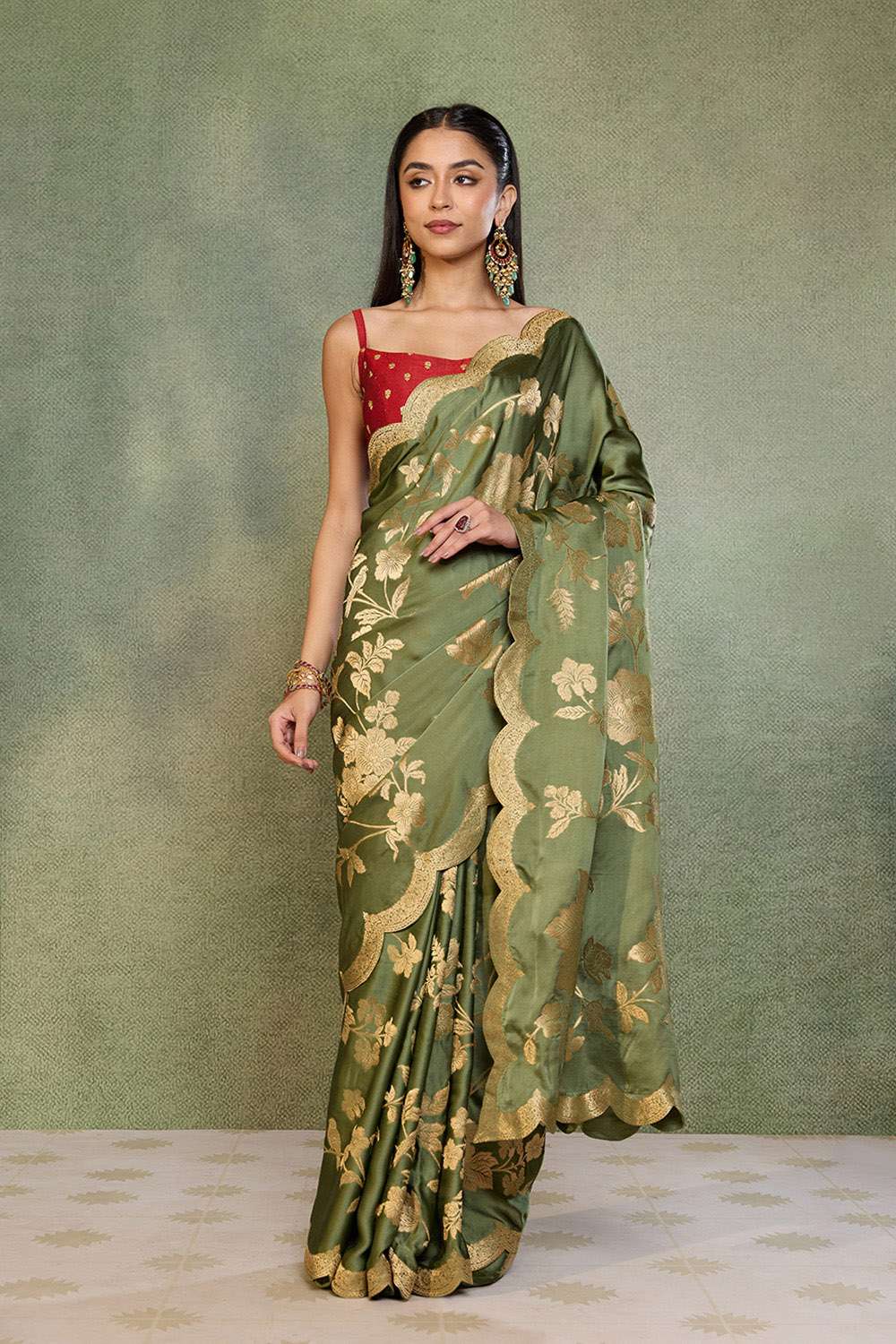 Green Woven Viscose Satin Saree image number null