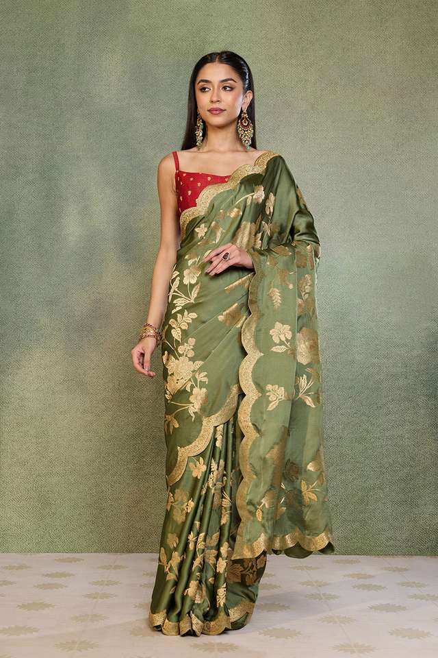 Green Woven Viscose Satin Saree thumbnail image number null