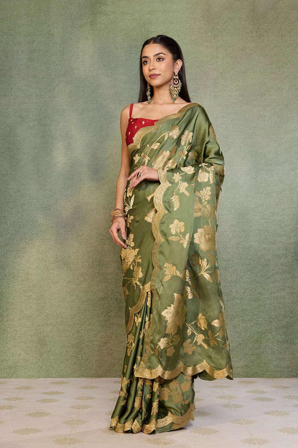Green Woven Viscose Satin Saree image number null