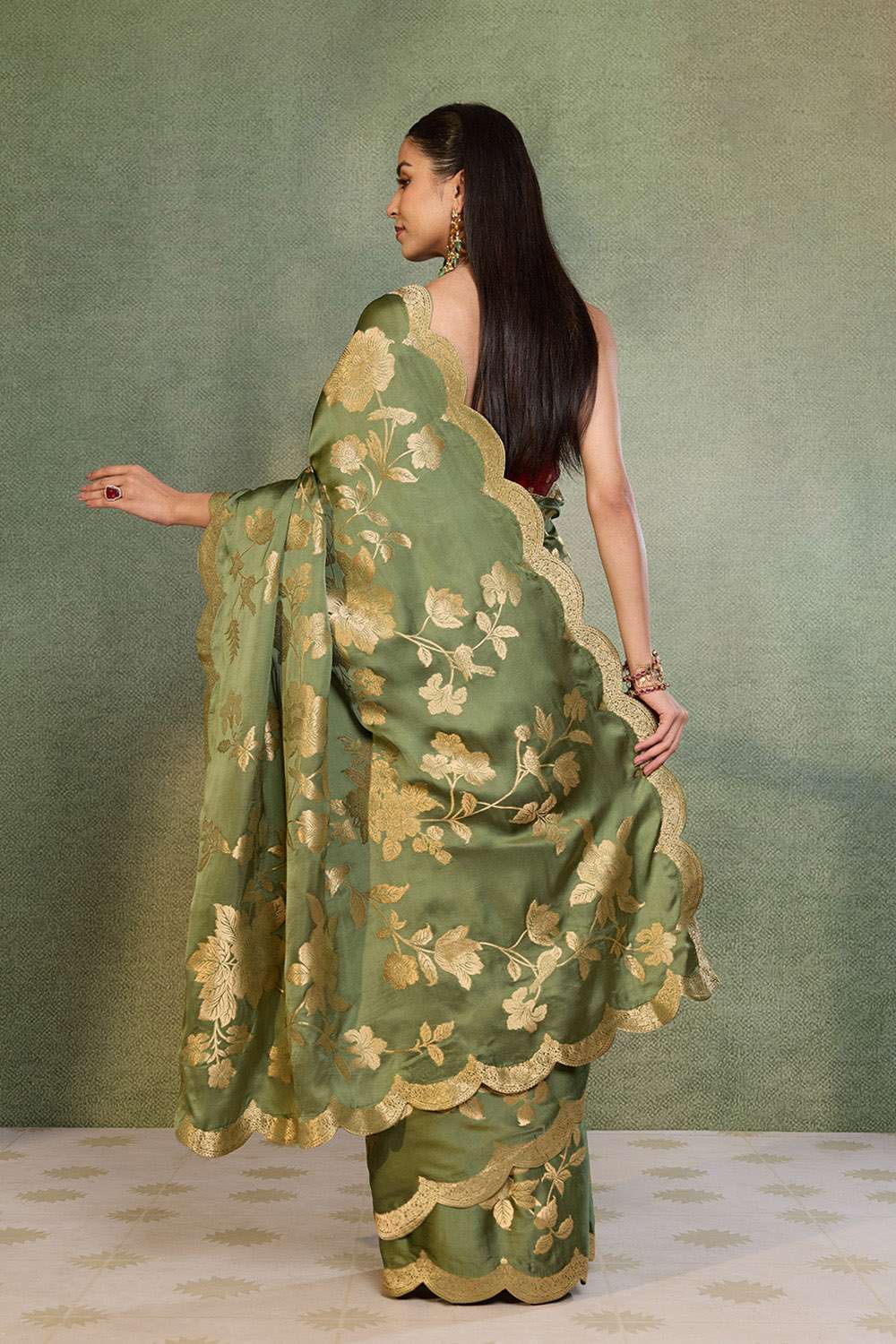 Green Woven Viscose Satin Saree image number null