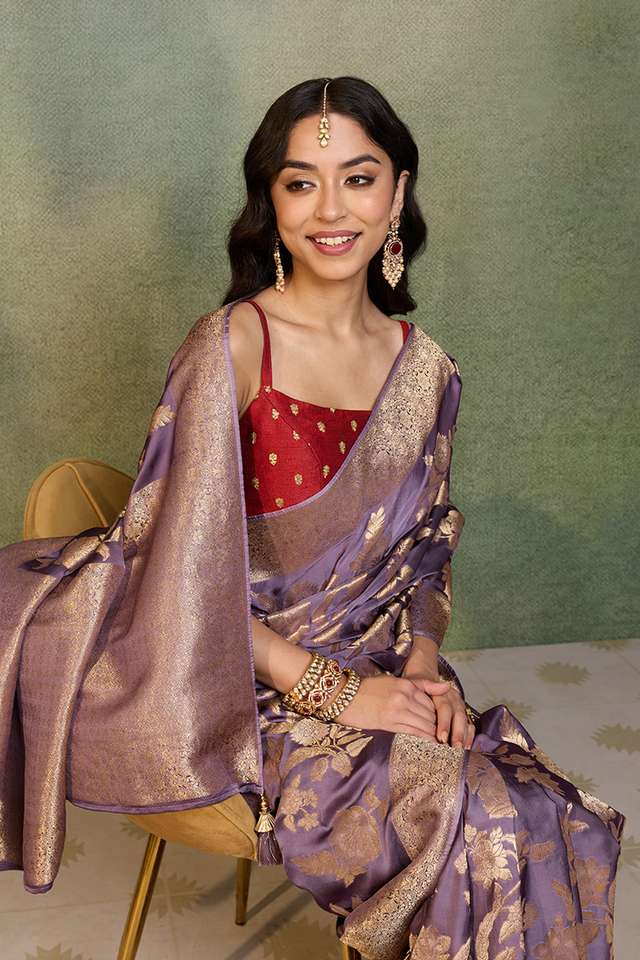 Light Violet Woven Viscose Satin Saree image number