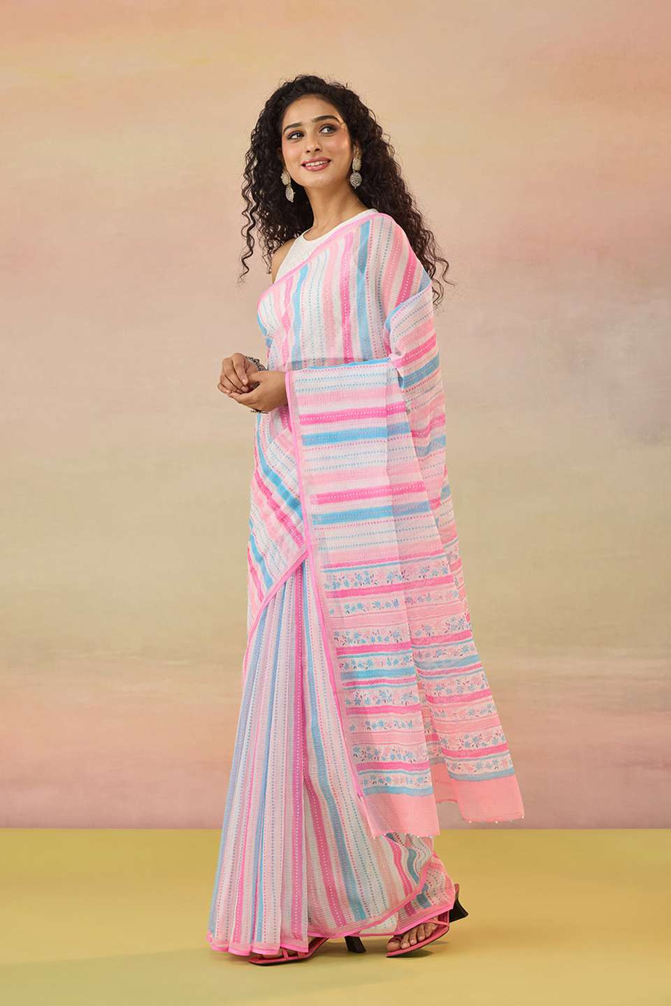 Light Pink Bengal Screen Printed Pure Cotton Kota Saree