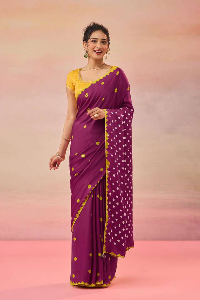 Dark Pink Gujarat Pure Satin Tie & Dye Bandhni Saree image number