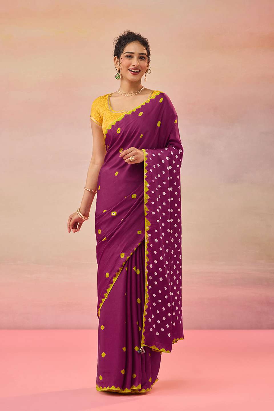 Dark Pink Gujarat Pure Satin Tie & Dye Bandhni Saree