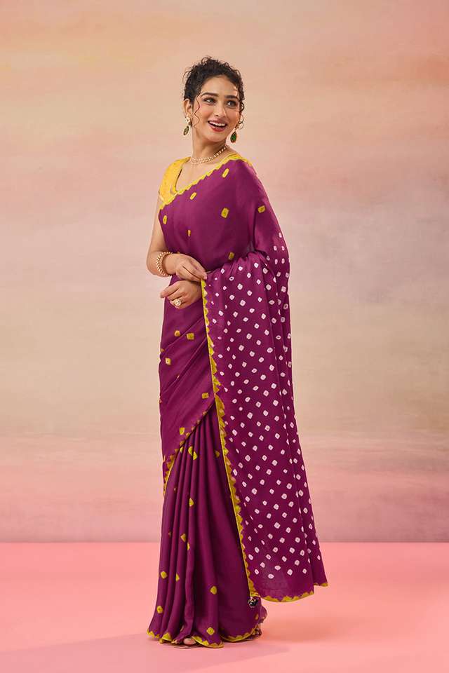 Dark Pink Gujarat Pure Satin Tie & Dye Bandhni Saree thumbnail image number null