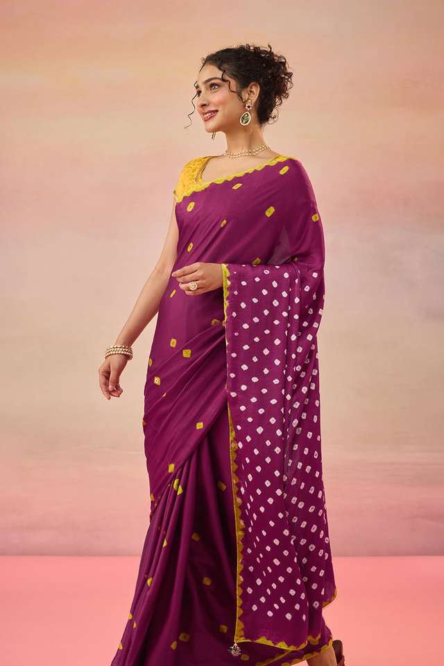 Dark Pink Gujarat Pure Satin Tie & Dye Bandhni Saree thumbnail image number null