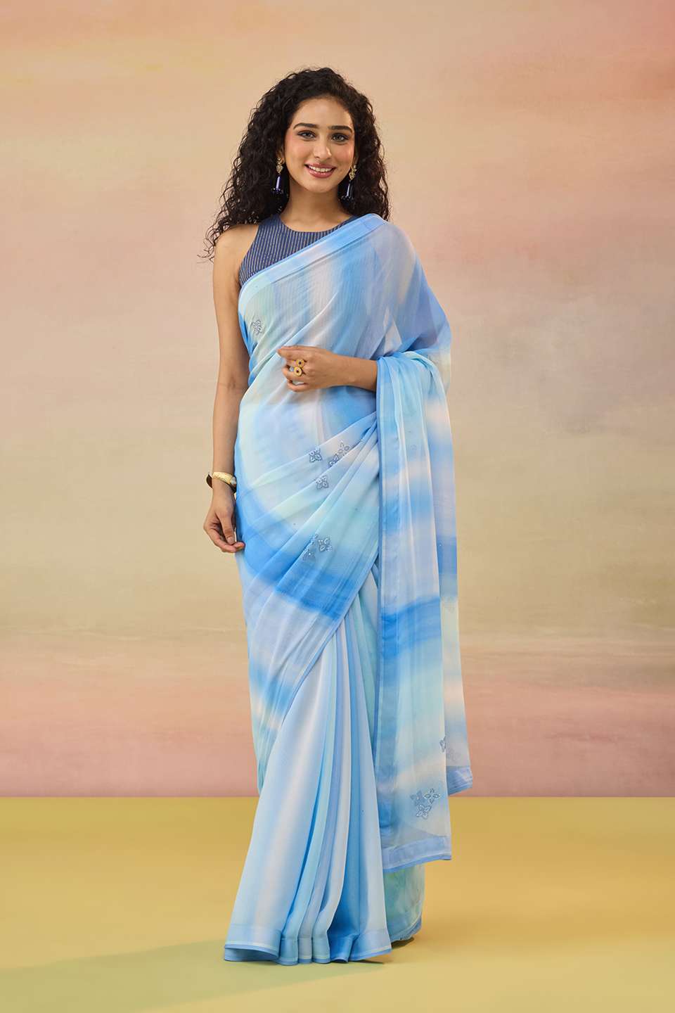 Light Blue Printed Viscose Georgette Saree