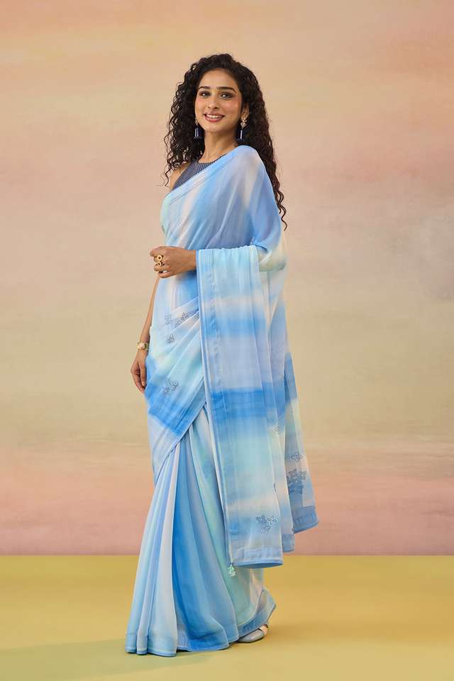 Light Blue Printed Viscose Georgette Saree thumbnail image number null