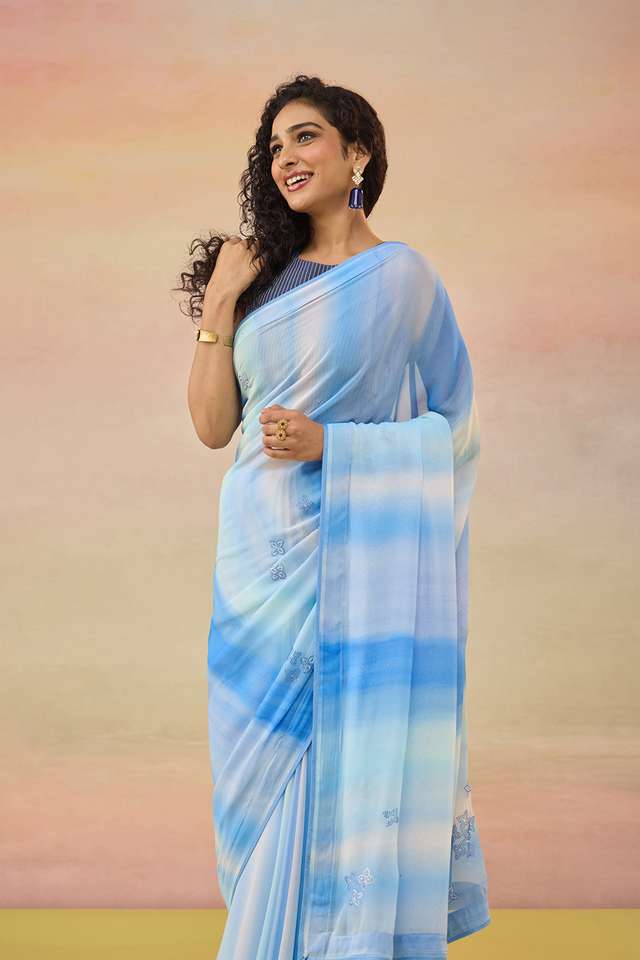 Light Blue Printed Viscose Georgette Saree thumbnail image number null