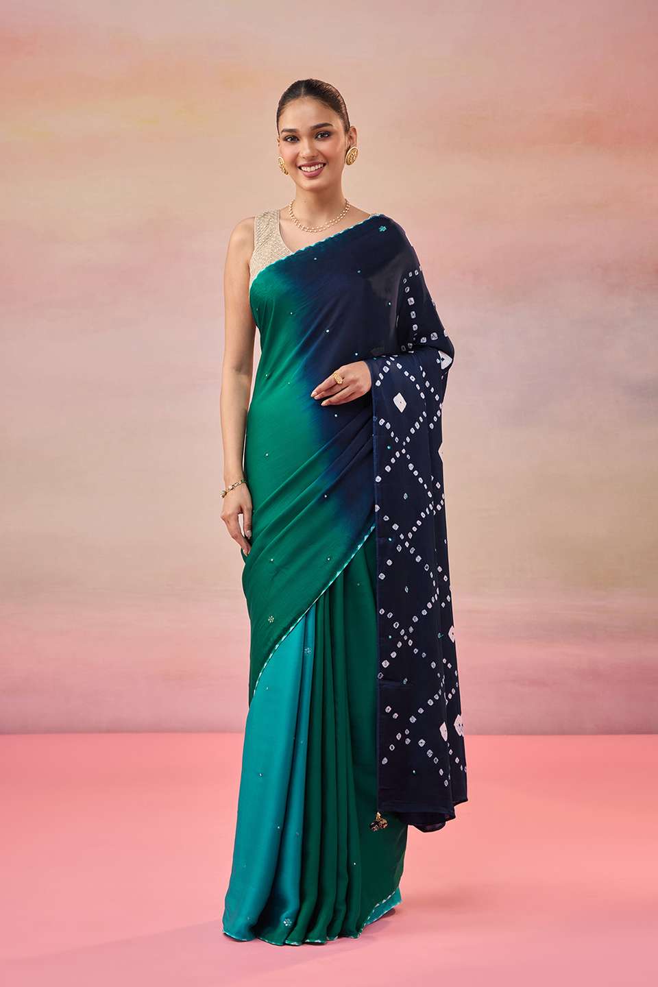 Blue Gujarat Pure Satin Bandhani Embroidered Saree