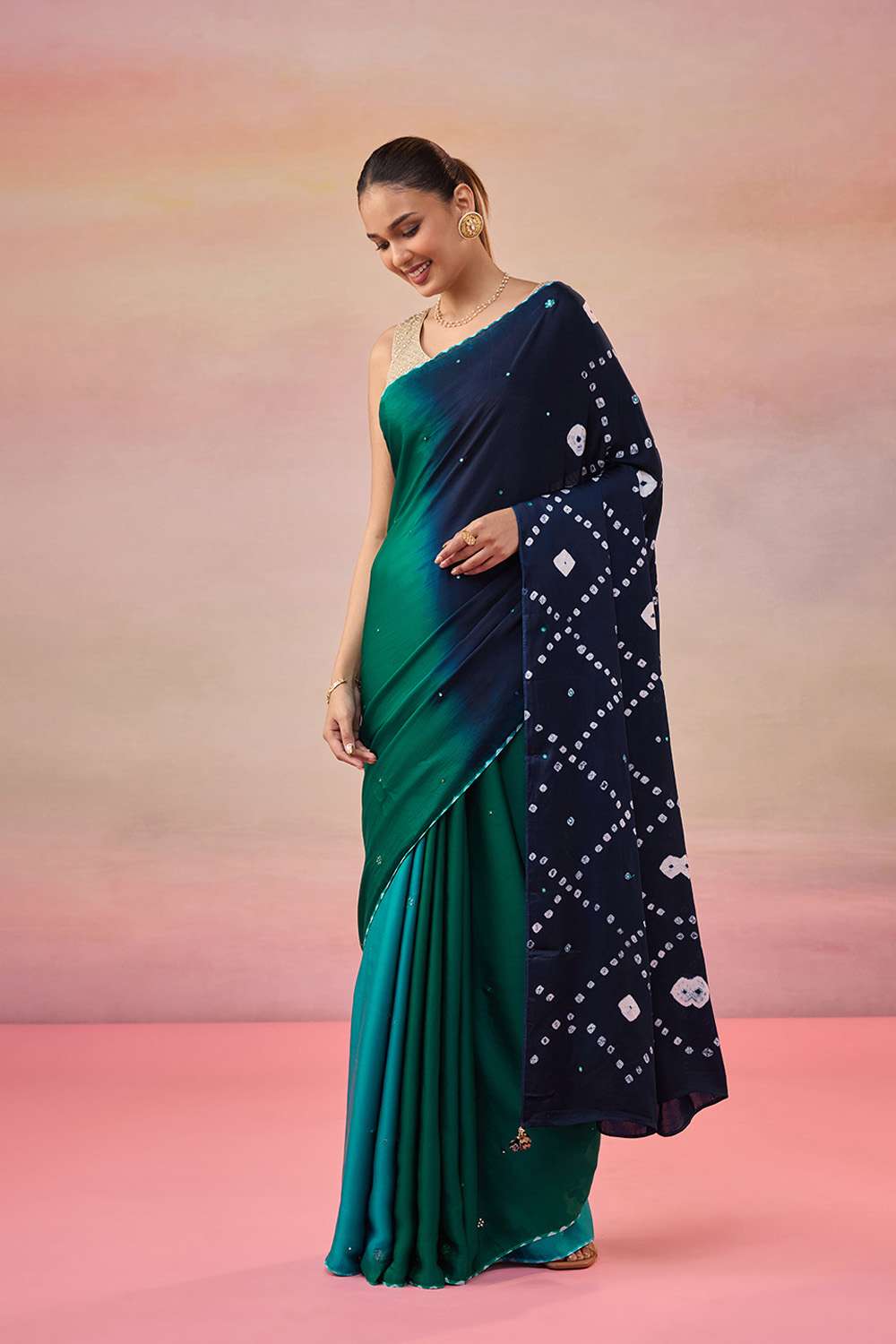 Blue Gujarat Pure Satin Bandhani Embroidered Saree image number null