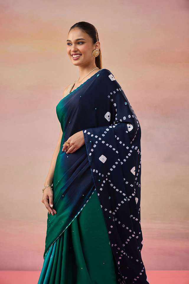 Blue Gujarat Pure Satin Bandhani Embroidered Saree thumbnail image number null