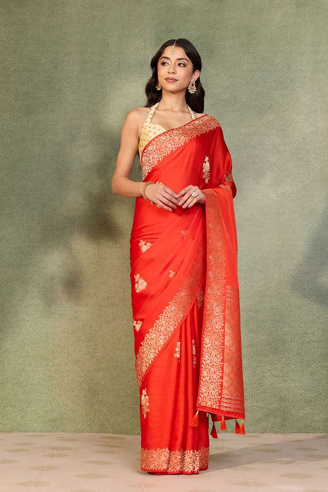 Orange Viscose Satin Woven Saree image number