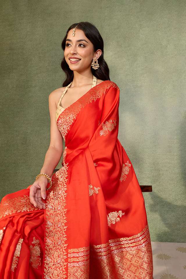 Orange Viscose Satin Woven Saree thumbnail image number null