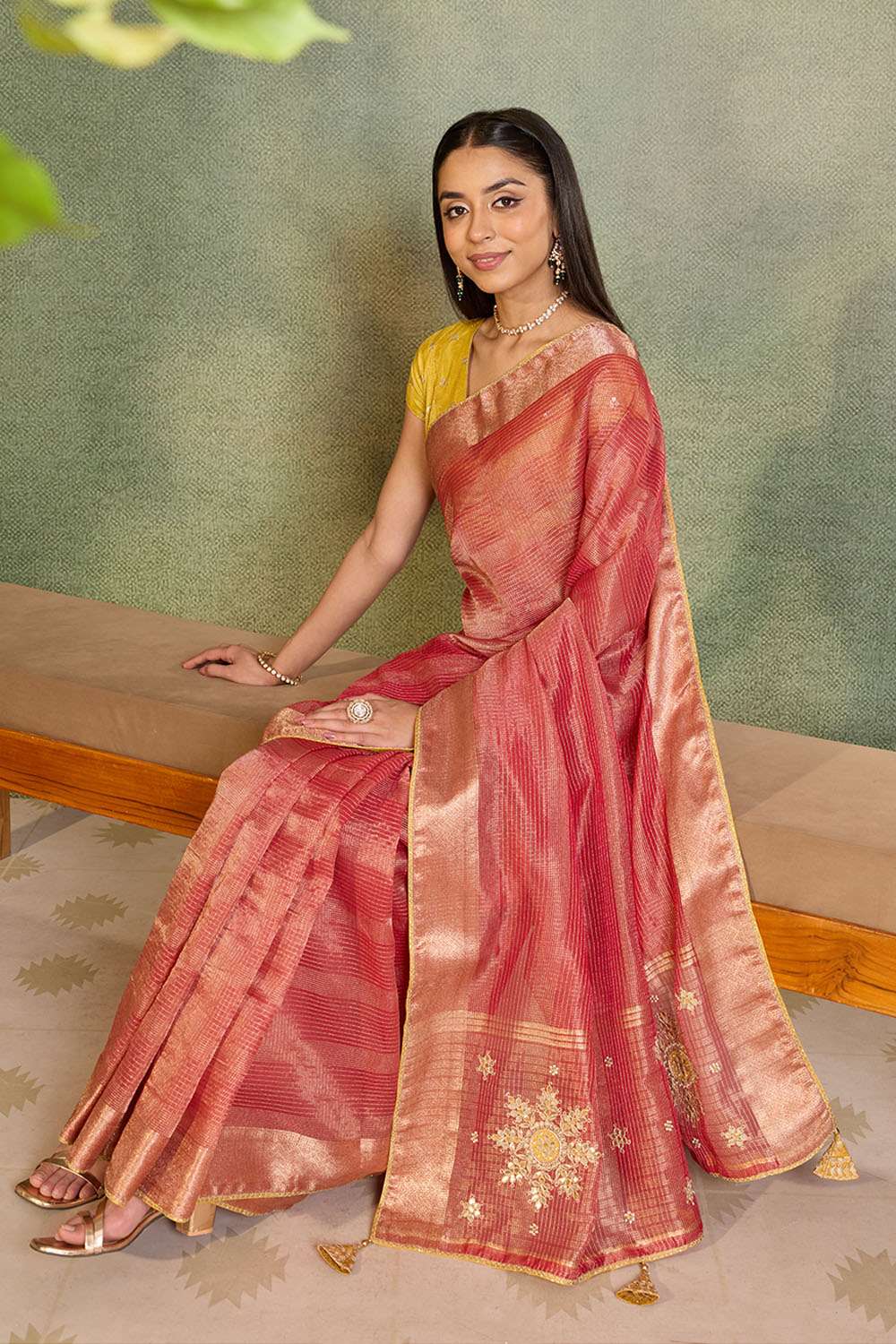 Red Viscose Tissue Gota Patti Emroidery Saree image number null