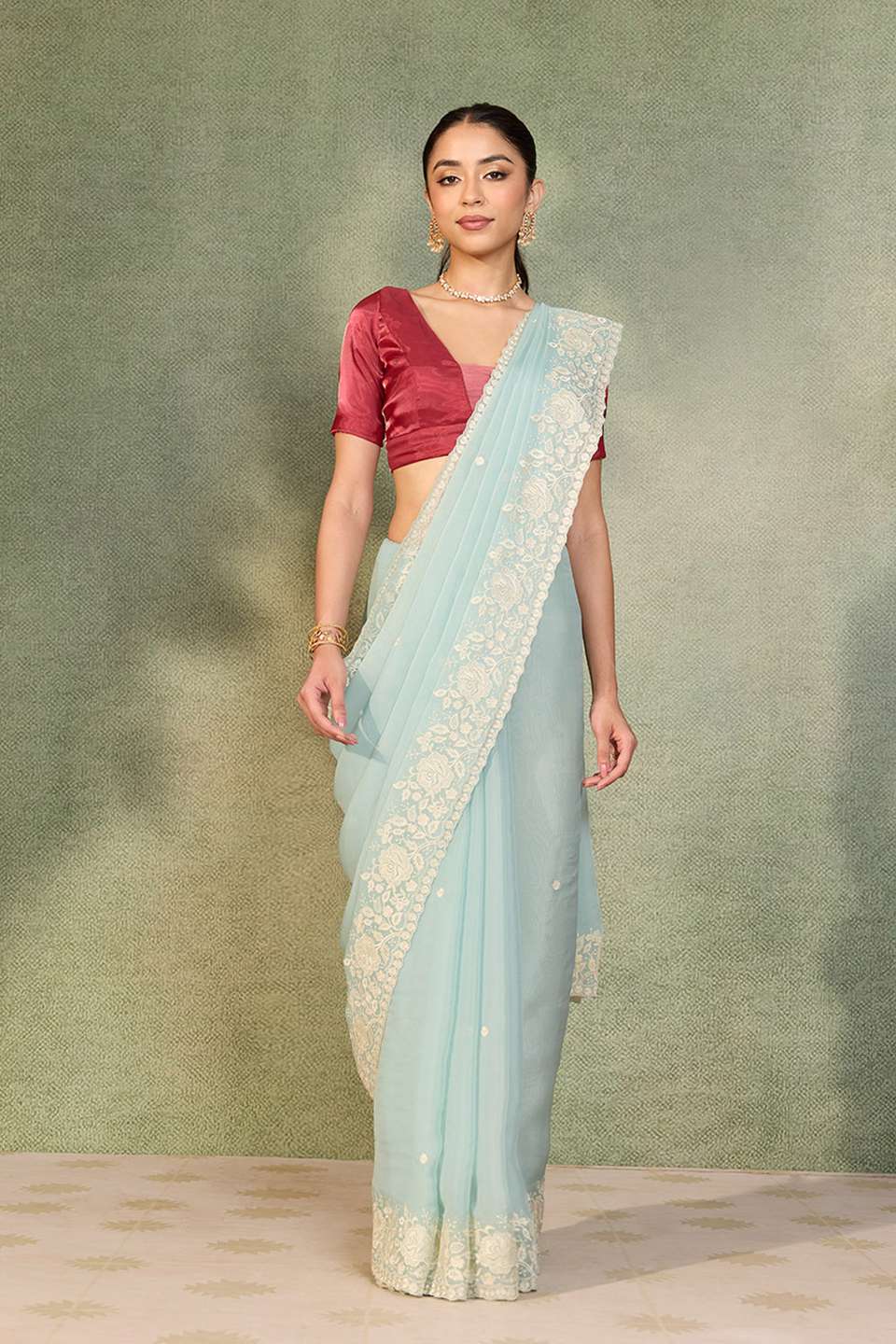 Light Blue Viscose Organza Embroidered Saree