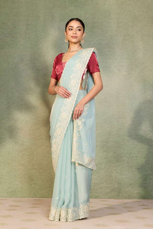 Light Blue Viscose Organza Embroidered Saree thumbnail image number null