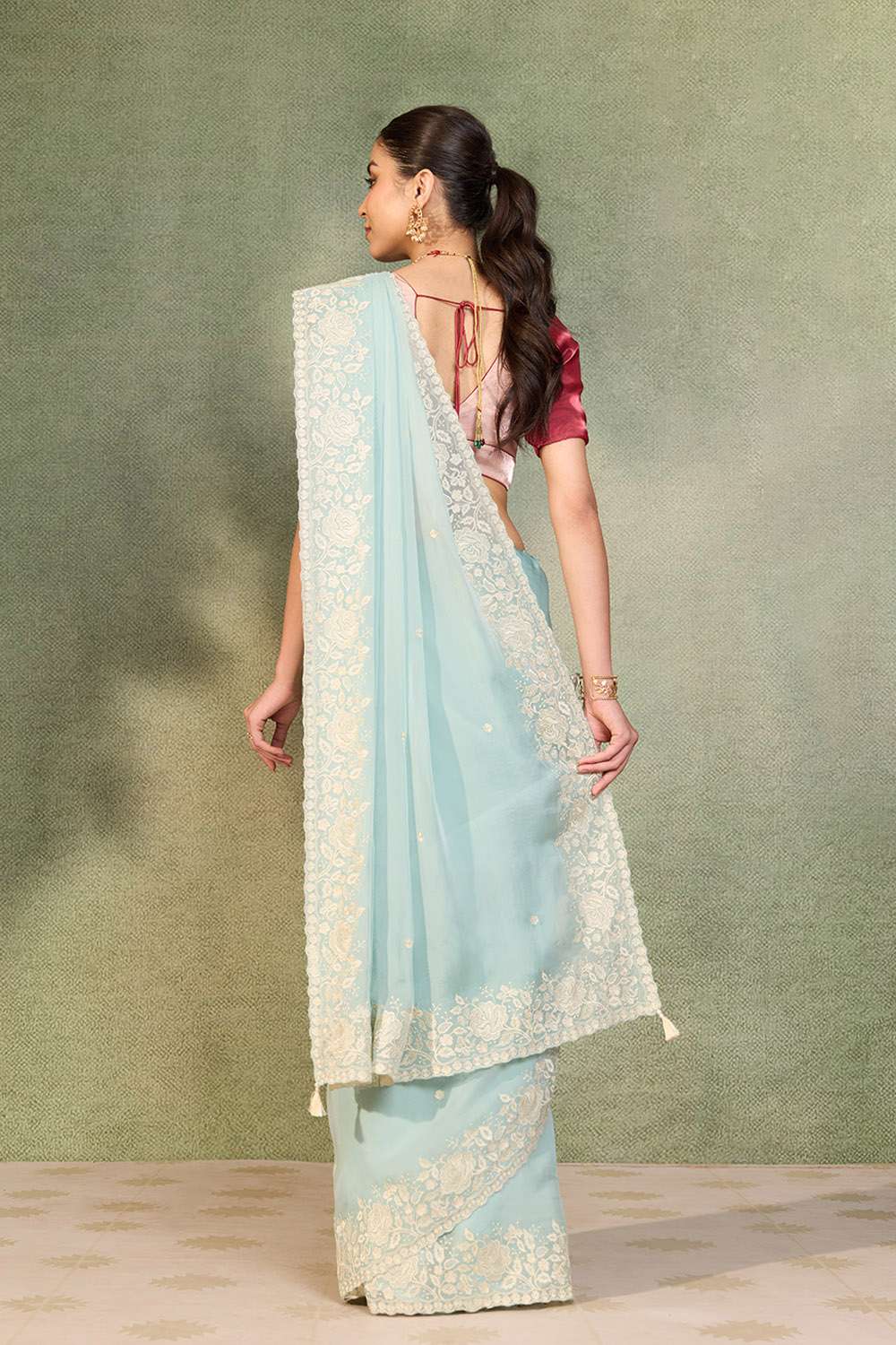 Light Blue Viscose Organza Embroidered Saree image number null