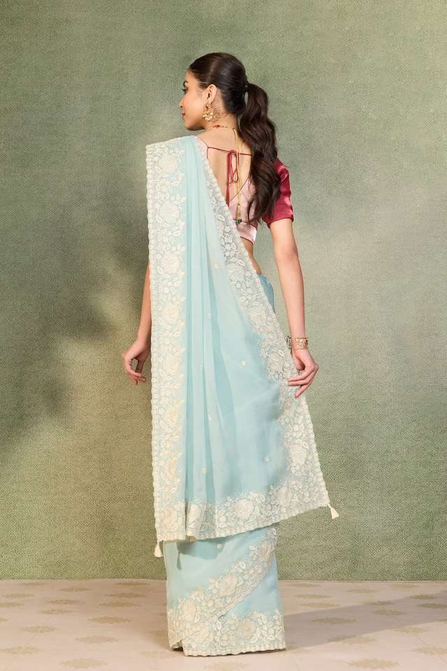 Light Blue Viscose Organza Embroidered Saree thumbnail image number null