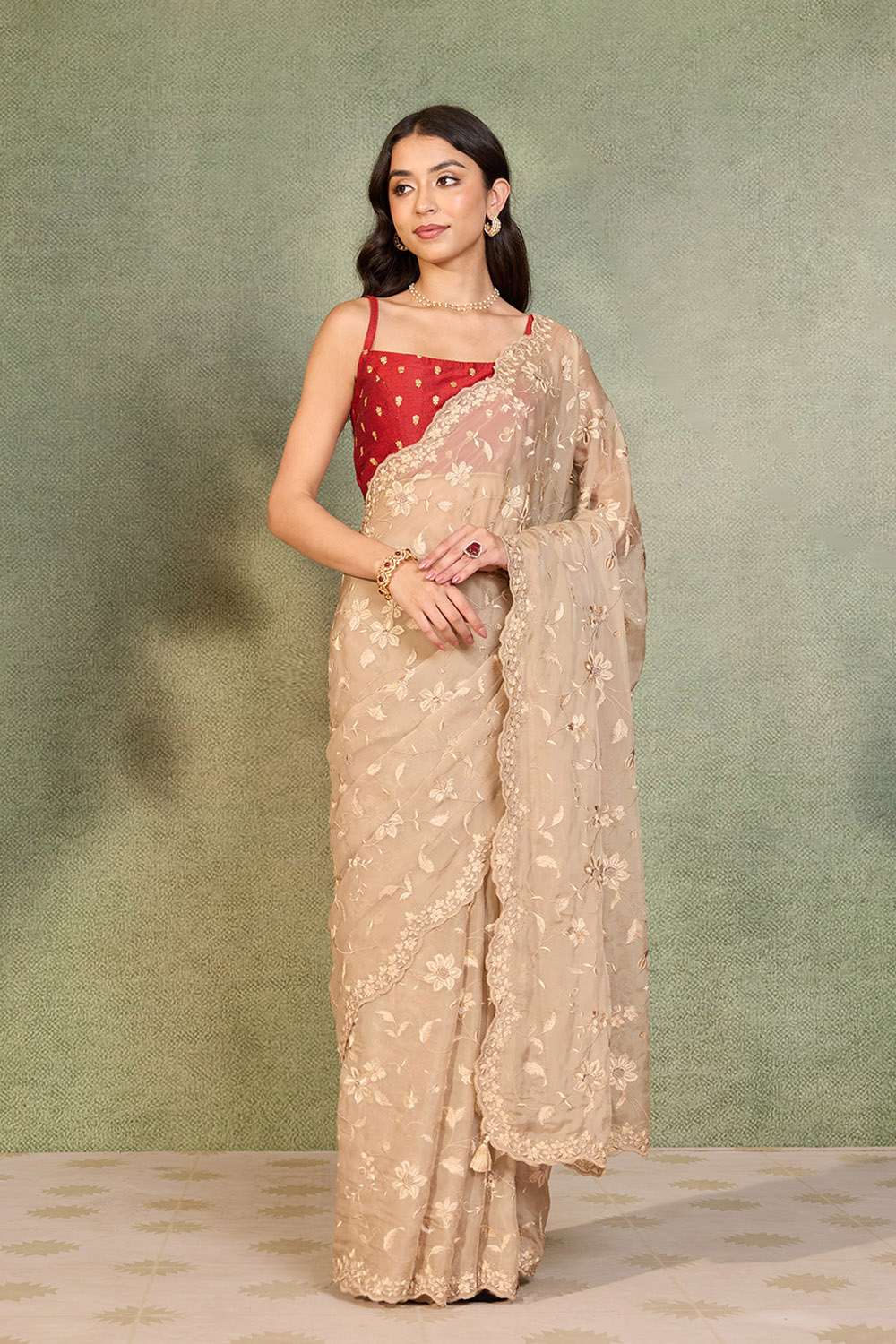 Beige Viscose Organza Embroidered Saree image number null