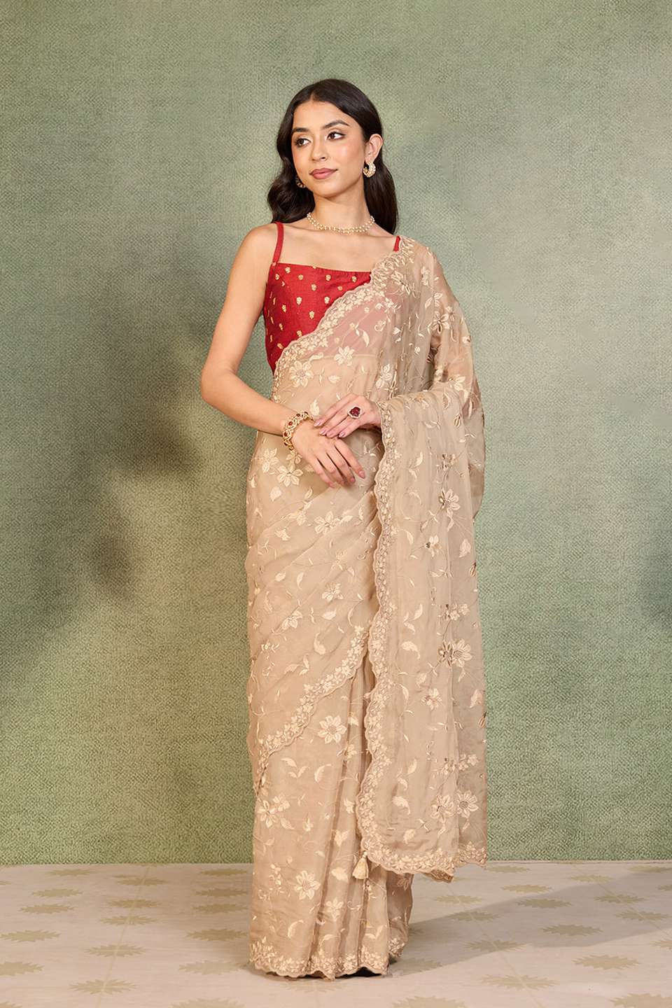 Beige Viscose Organza Embroidered Saree