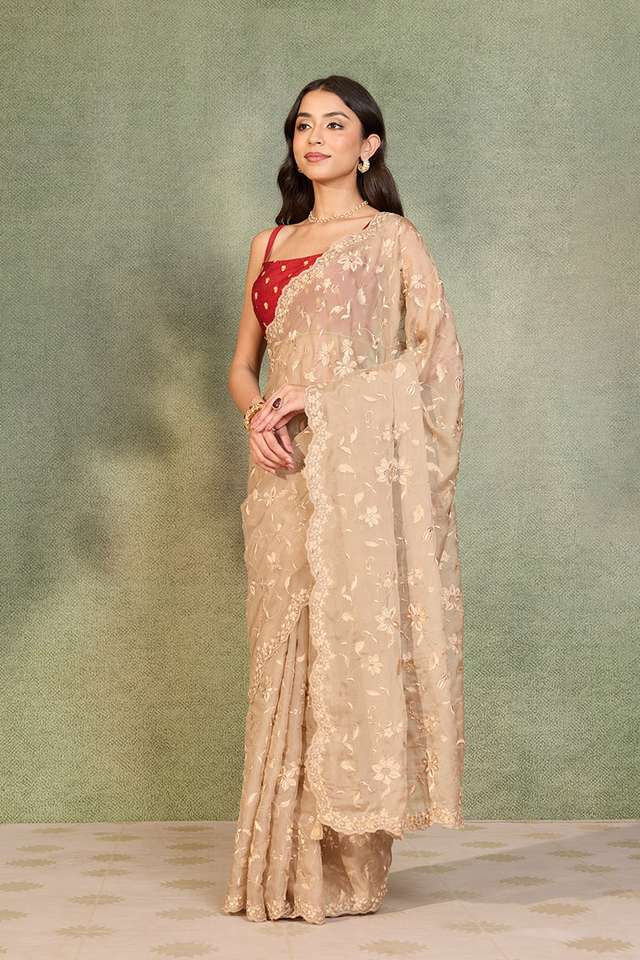 Beige Viscose Organza Embroidered Saree thumbnail image number null