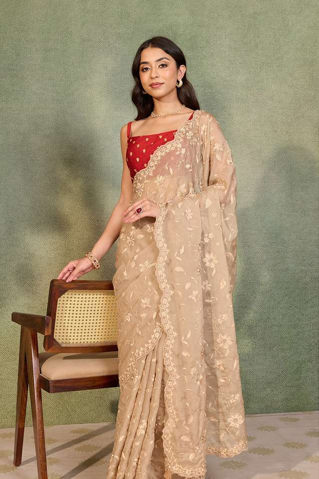 Beige Viscose Organza Embroidered Saree thumbnail image number null