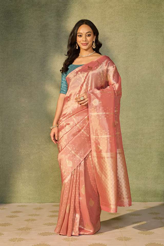 Pink Woven Viscose Tissue Saree thumbnail image number null