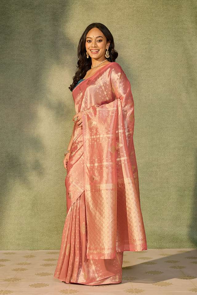 Pink Woven Viscose Tissue Saree thumbnail image number null