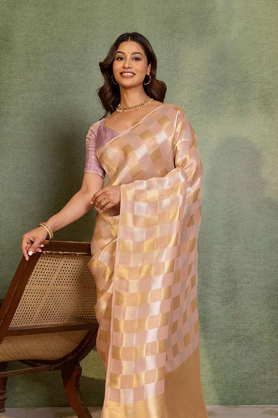 Light Pink Viscose Tissue Woven Saree