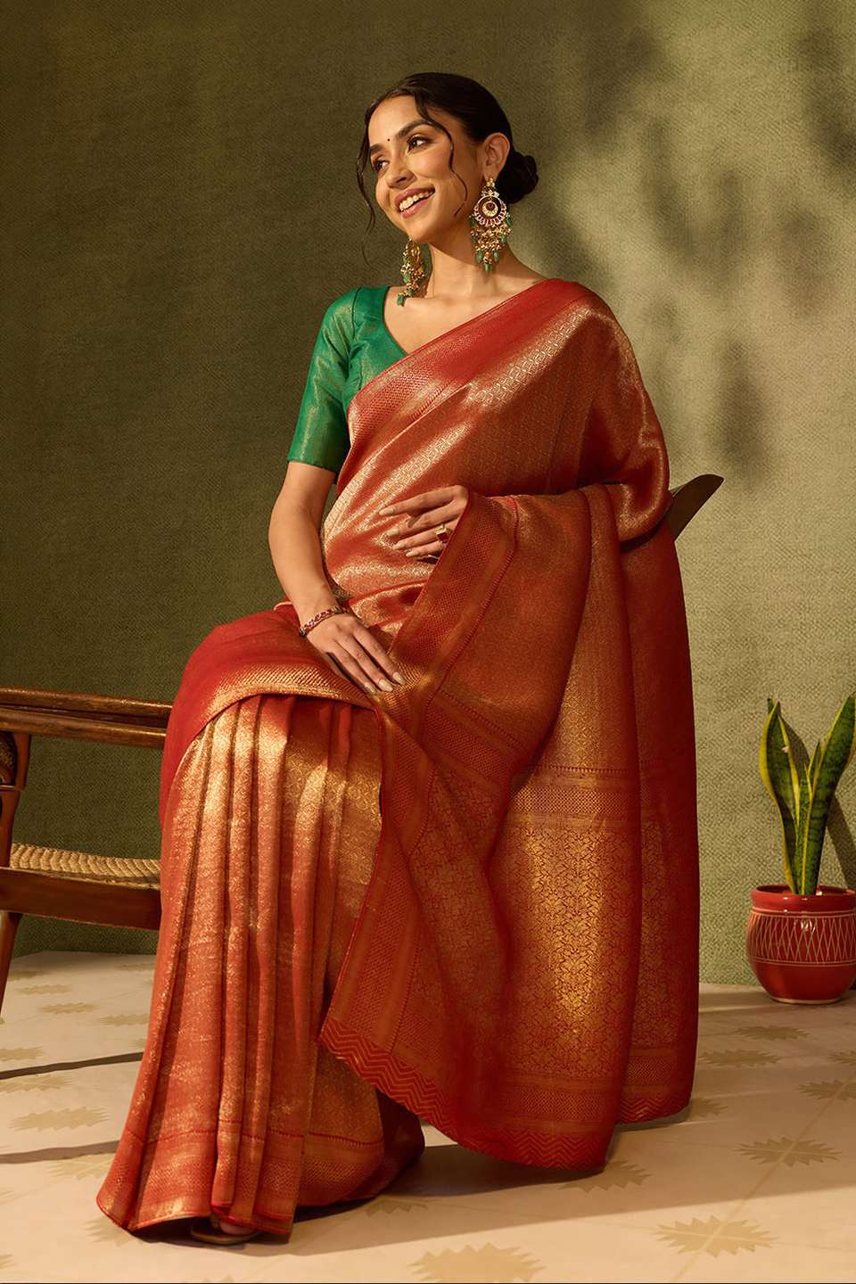 Red Woven Viscose Tissue Saree