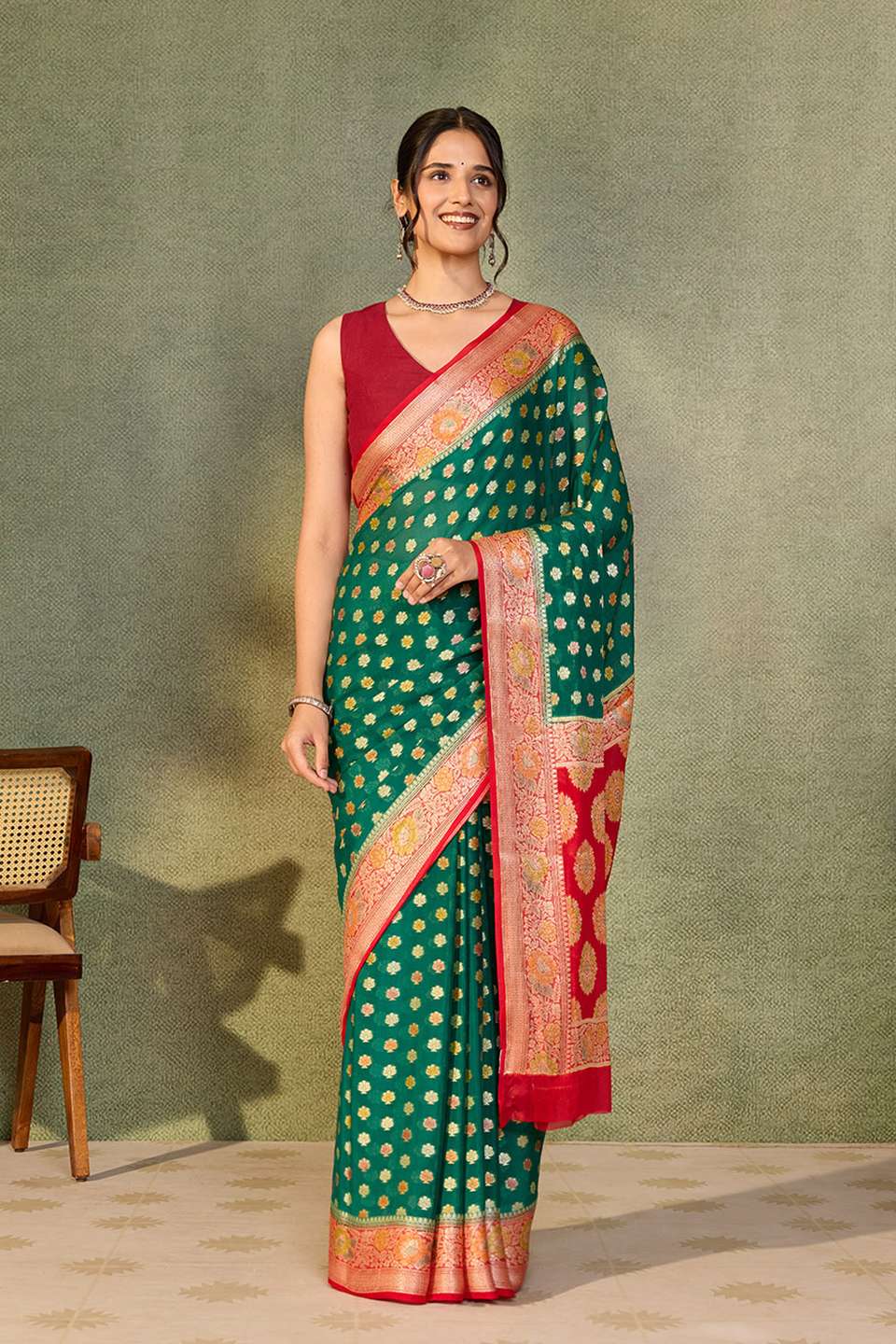 Green Pure Silk Georgette Cutwork Banarasi Saree