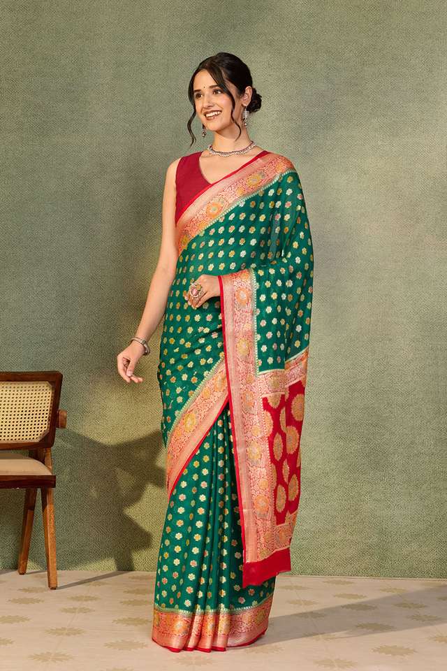 Green Pure Silk Georgette Cutwork Banarasi Saree thumbnail image number null