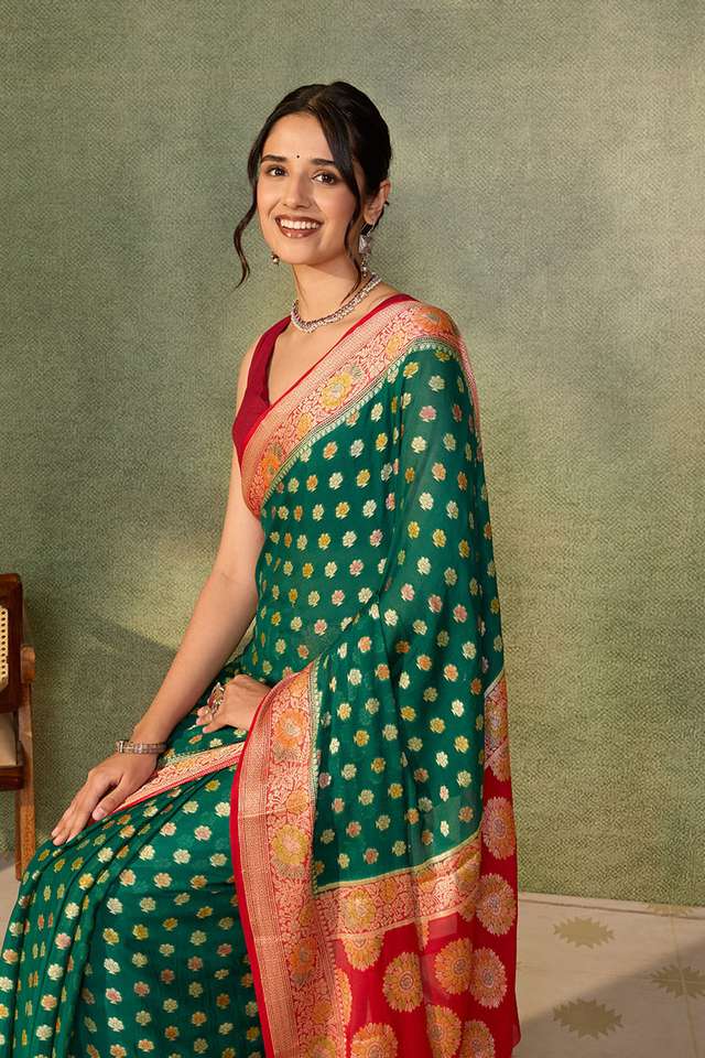 Green Pure Silk Georgette Cutwork Banarasi Saree thumbnail image number null