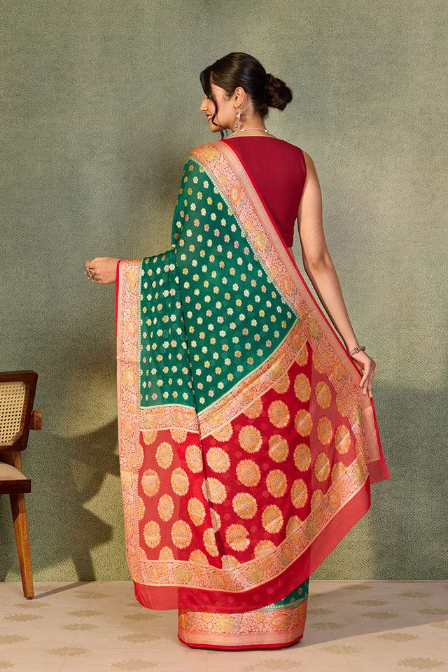 Green Pure Silk Georgette Cutwork Banarasi Saree thumbnail image number null