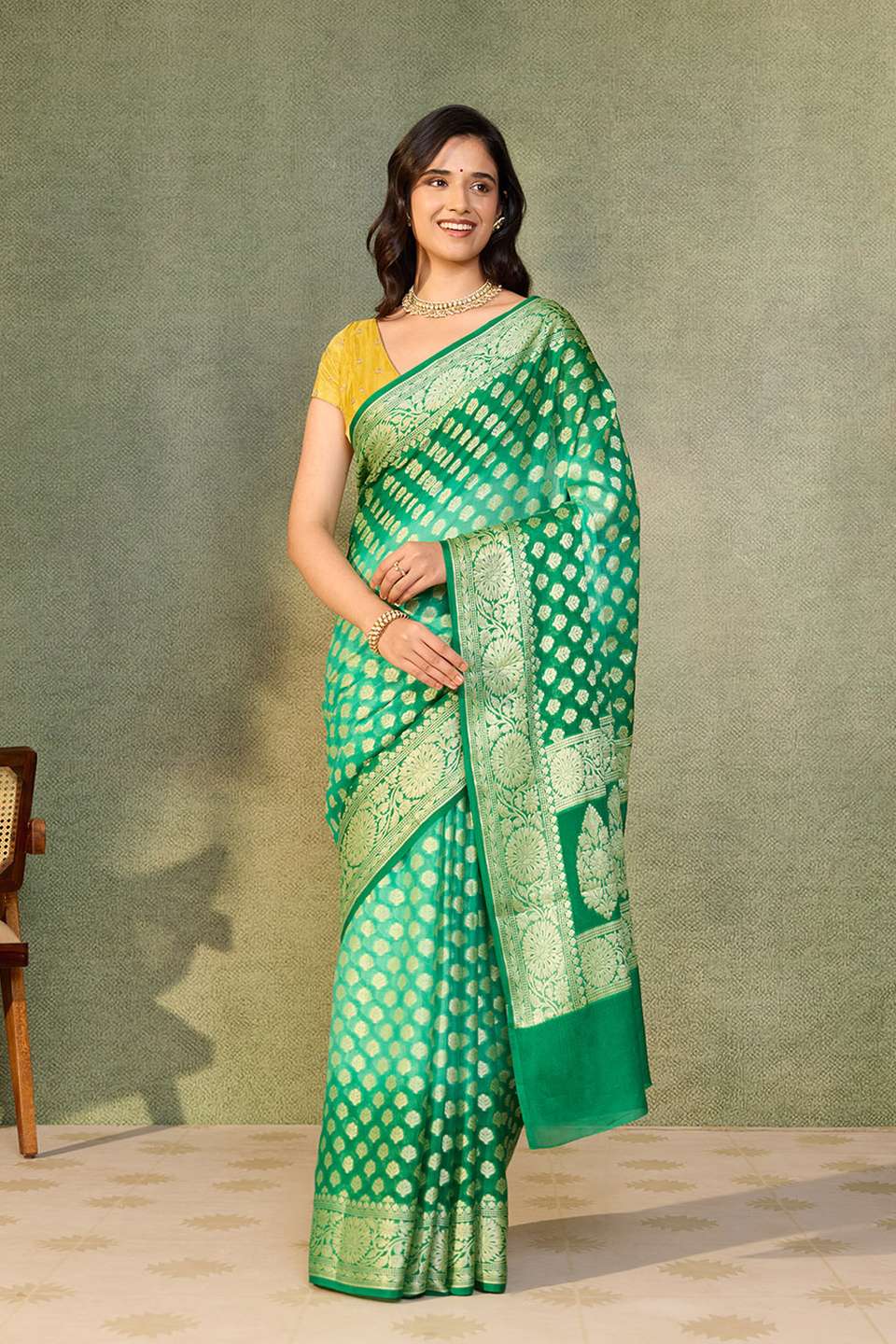 Green Pure Silk Georgette Cutwork Banarasi Saree