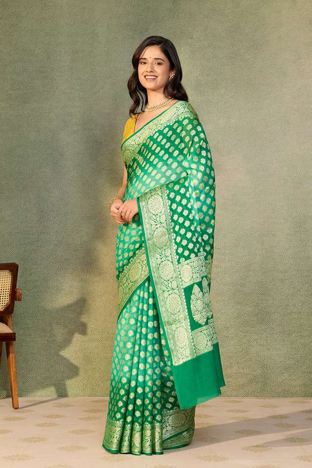 Green Pure Silk Georgette Cutwork Banarasi Saree thumbnail image number null
