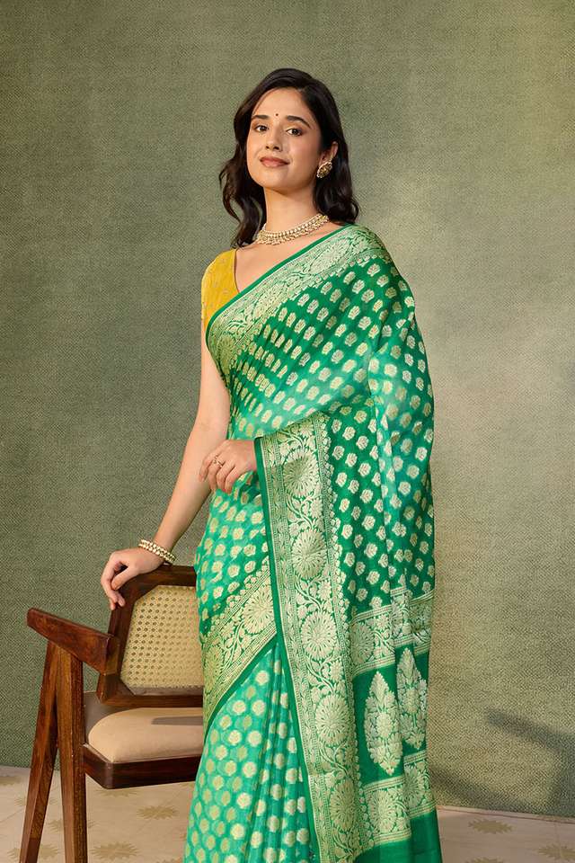 Green Pure Silk Georgette Cutwork Banarasi Saree thumbnail image number null