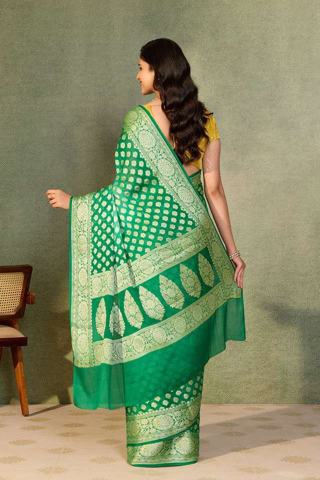 Green Pure Silk Georgette Cutwork Banarasi Saree thumbnail image number null
