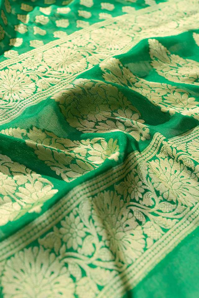 Green Pure Silk Georgette Cutwork Banarasi Saree thumbnail image number null