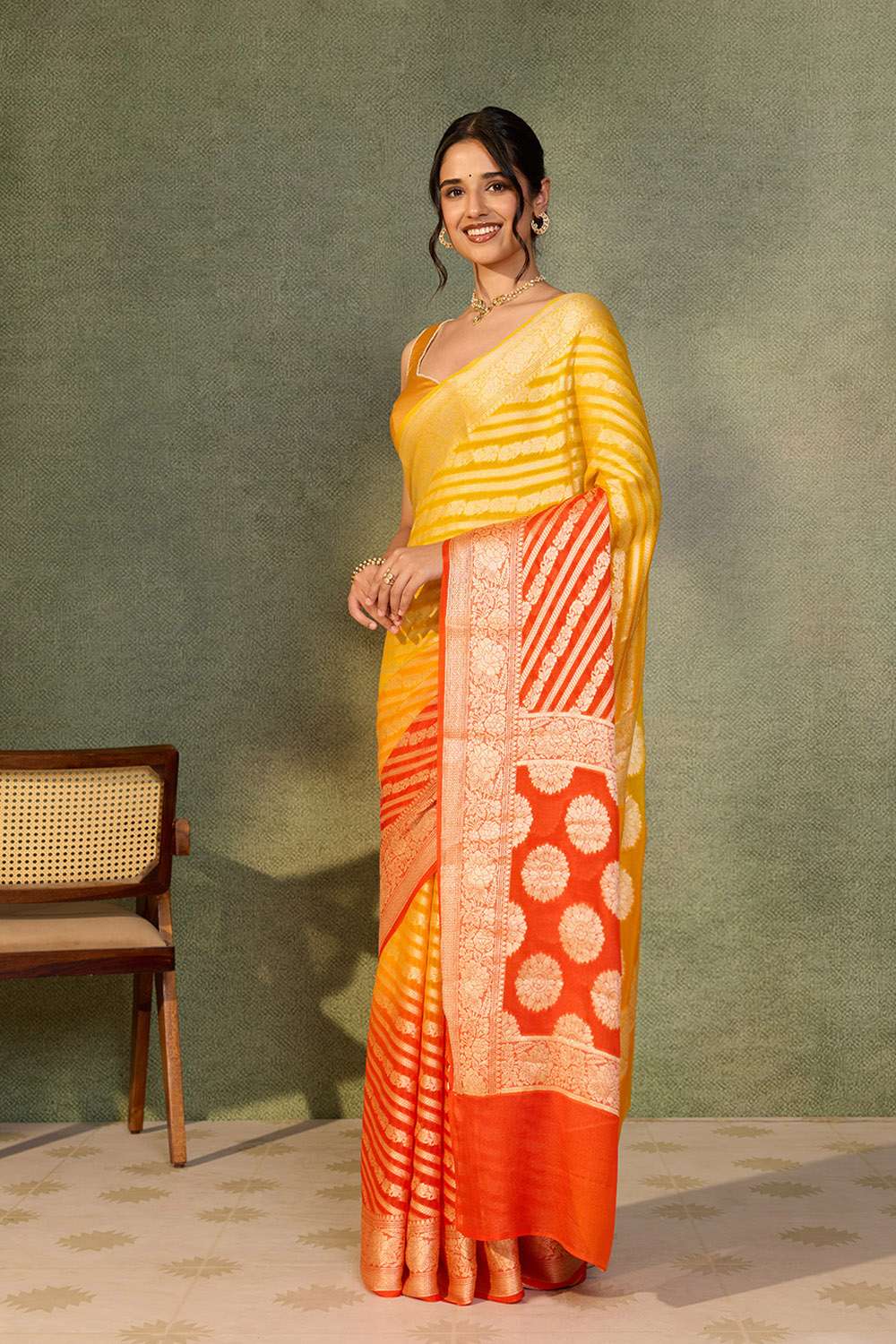 Orange Pure Silk Georgette Cutwork Banarasi Saree image number null