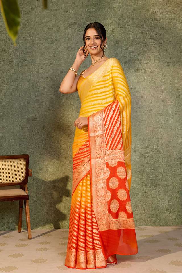 Orange Pure Silk Georgette Cutwork Banarasi Saree thumbnail image number null
