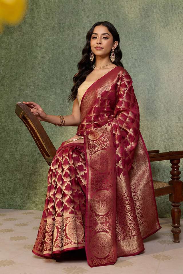 Dark Red Woven Pure Viscose Saree image number