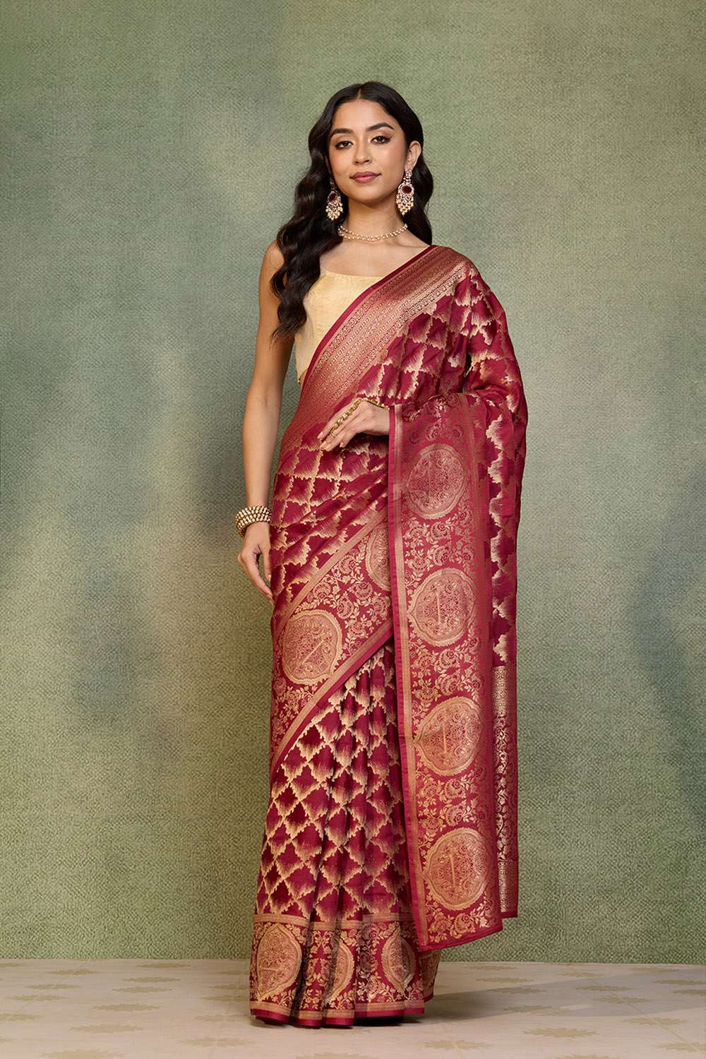 Dark Red Woven Pure Viscose Saree image number null
